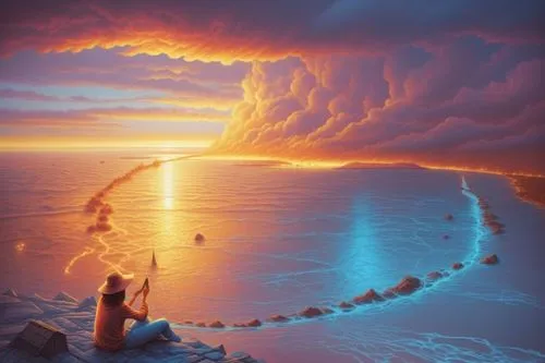 dead sea,the dead sea,heaven gate,fantasy picture,dreamscapes,the endless sea,dream art,dreamscape,dream beach,ocean paradise,heavenly ladder,heavenward,dreams catcher,beautiful beach,dreamtime,seascape,sand art,the mystical path,chalk drawing,pink beach,Illustration,Realistic Fantasy,Realistic Fantasy 25