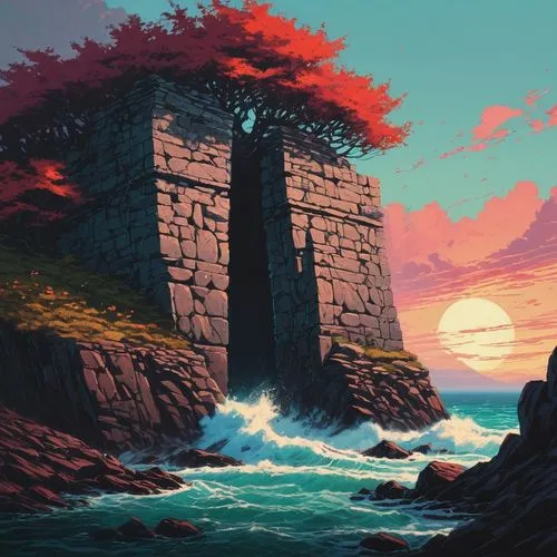 cliffside,yamatai,coastal landscape,coast sunset,cliffs,cliffs ocean,fantasy landscape,cliffsides,coastline,ruined castle,world digital painting,wall,summit castle,castle ruins,knight's castle,an island far away landscape,seawall,sea landscape,castle keep,ghibli,Conceptual Art,Fantasy,Fantasy 32