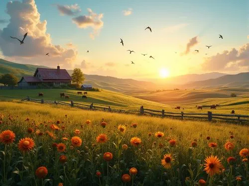 Farmland setting, rural scenery, sunset time, warm golden light, rolling hills, green pastures, wheat fields, cornfields, wildflowers blooming in vibrant colors, old wooden fences, rusty farm equipmen