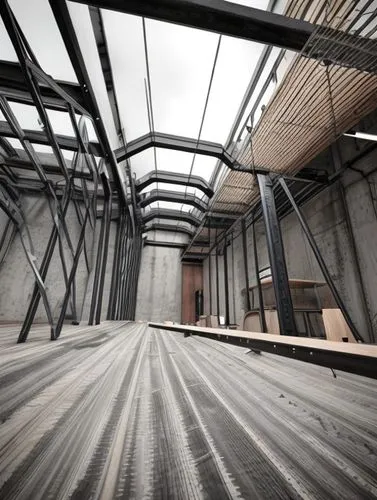 empty interior,roof structures,ceiling construction,warehouse,attic,loft,3d rendering,empty factory,wooden beams,steel construction,industrial hall,steel scaffolding,ceiling ventilation,folding roof,e