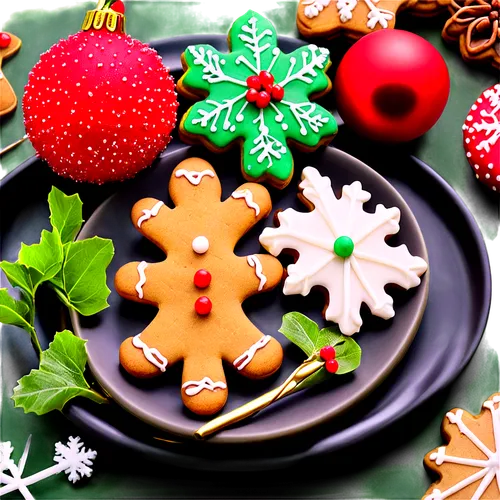 Colorful holiday dessert table, Christmas theme, various sweet treats, candies, cookies, gingerbread men, snowflake-shaped sugar cookies, fruitcake, festive holly-patterned plate, red and green sprink