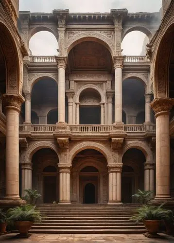 pinacoteca,glyptotek,chhatra,marble palace,kunsthistorisches museum,inside courtyard,llotja,grand master's palace,chhatris,palermo,atriums,chhatrapati,alcazar of seville,guastavino,palacio,western architecture,theed,colonnades,city palace,courtyard,Illustration,Paper based,Paper Based 07