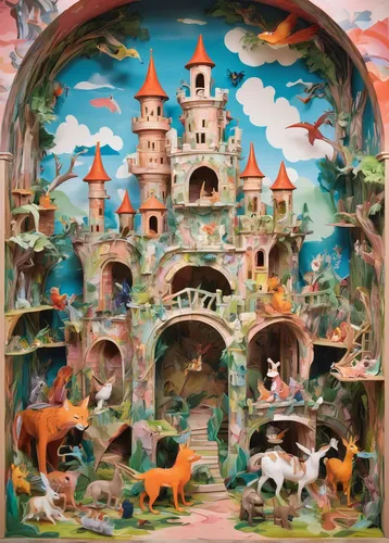 Build a whimsical 3D cartoon scene with a magical castle and talking animals.,fantasy city,fantasy world,fairy tale castle,3d fantasy,fairy village,diorama,fairy world,animal zoo,children's fairy tale