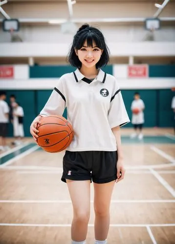 Himiko Toga, Shota, black and white, solo, beautiful detailed eyes, messy black hair, gentle smile, white shirt, black pants, sneakers, holding a basketball, standing, indoor court, Tokyo, urban backg