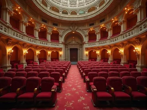 Renaissance-style amphitheater, grandeur architecture, ornate decorations, intricate stone carvings, sweeping arches, majestic columns, luxurious velvet seats, golden accents, regal red carpets, subtl