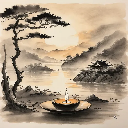 boat landscape,tea light,coffee tea illustration,watercolor tea,japanese tea,floating island,junshan yinzhen,tea ceremony,watercolor tea shop,japanese lamp,japanese art,tea zen,chinese teacup,japanese garden ornament,pu'er tea,japanese lantern,pu-erh tea,tea-lights,japan landscape,tea art,Illustration,Paper based,Paper Based 30