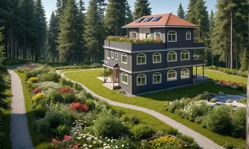 A hyperrealistic rendeing of a modern house nestled in a forest, completely surrounded by trees, flowers, and plants,this is an artist's rendering of a house,house in the forest,forest house,villa,min