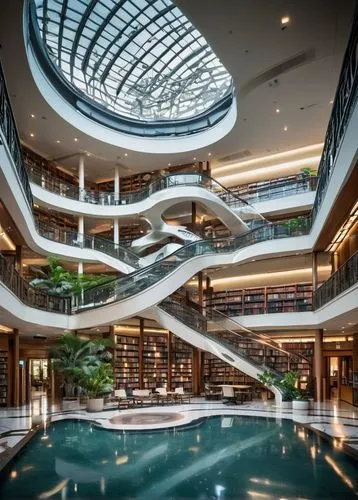 Ricker Library, modern architecture, grand atrium, high ceiling, glass roof, natural light pouring in, elegant curves, intricate details, marble floors, wooden shelves, rows of books, study tables, co