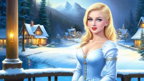 Romantic masterpiece oil painting, cute girl portrait, nostalgic 1950's style kitsch, breathtaking beautiful winter kingdom landscape, majestic fantasy scenery, evening lighting, highly detailed highr