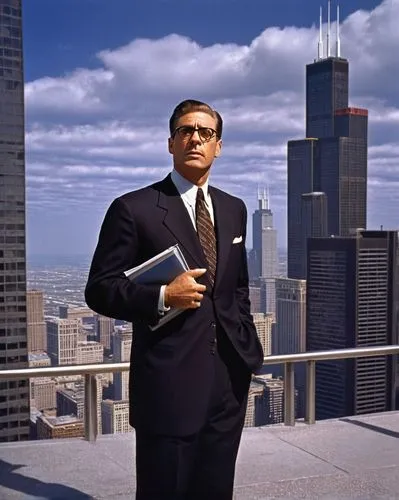 Middle-aged male architect, suit, tie, glasses, short brown hair, serious expression, standing, Chicago IL, Willis Tower, urban cityscape, cloudy sky, afternoon sunlight, concrete sidewalk, steel fram