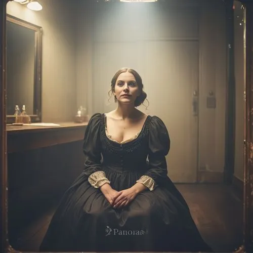 create a bearded freak show type woman she is sitting like in a women's changing room with a light mirror in the background she looks straight ahead as if posing for a photo she wears Victorian style 