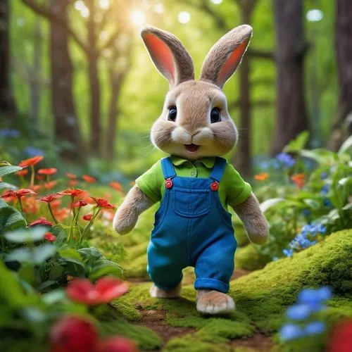 a spunky green bunny, wearing blue overalls and a red t-shirt standing in a vibrant forest with endless grassy knolls, glowing leaves, and clear streams, where mystical creatures buzz through a lush, 