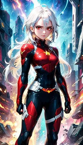 A realistic full-body portrayal of a female superhero inspired by the Phyla-Vell character with a red and black costume and white hair. She is depicted as a strong, athletic figure, symbolizing her po