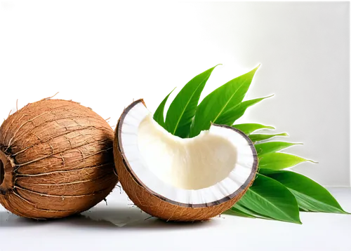 Coconut, tropical fruit, brown shell, green leaves, thick husk, white coconut meat, refreshing juice, solo, still life, warm lighting, shallow depth of field, vibrant color tone, 3/4 composition, cine