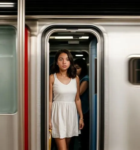 She is in the train car and the car is full of people.  She wears white sneakers and a light summer dress.  Blurred background appearance.,subways,subway stairs,the girl at the station,citytrain,ttc,t