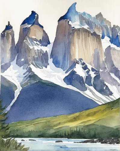 torres del paine,torres del paine national park,baffin island,patagonia,glacial landform,nordland,mountainous landscape,glacier,watercolor background,maligne lake,mountain landscape,paine massif,mountains,glaciers,watercolor,watercolour,mountain range,mountainous landforms,mountain scene,gorner glacier,Illustration,Paper based,Paper Based 22