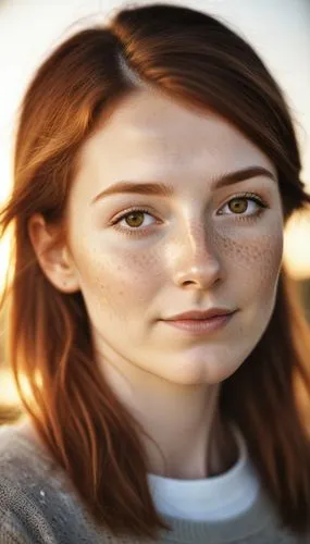 a woman in sweater with freckled hair with sun shining,marzia,portrait background,keratoconus,girl in a long,woman's face,women's eyes