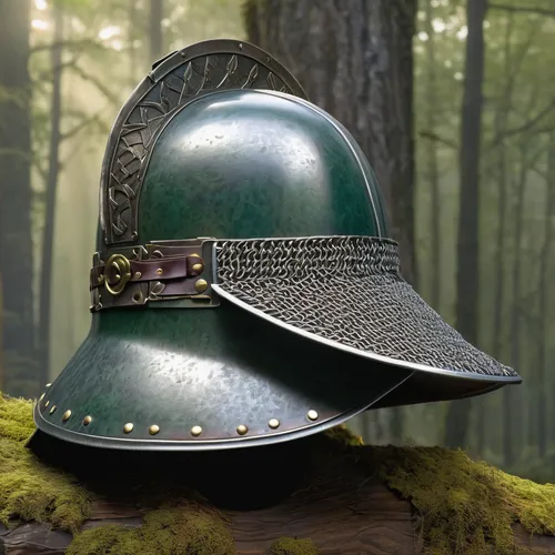 ranger helmet, detailed medieval design, chainmail coif, visor up, plume, engraved metal, leather straps, worn texture, rust spots, green forest background, moss-covered trees, soft natural light, mis