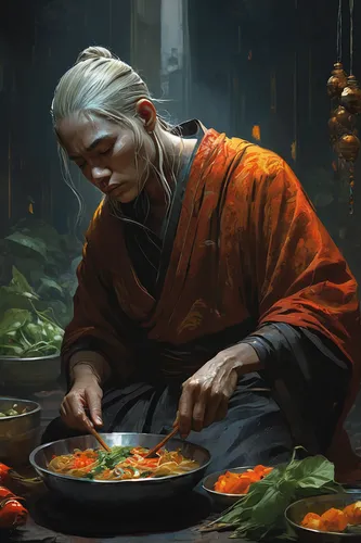 Discover the healing power of somtum as a grieving character finds solace and comfort in its flavors.,dwarf cookin,indian monk,monk,buddhist monk,kimchi,orange robes,merchant,offerings,xiaolongbao,mon