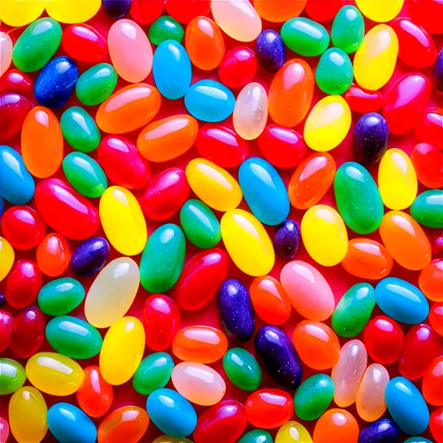 Transparent background, colorful jelly beans, scattered, various shapes, shiny surface, reflective light, soft focus, macro photography, vibrant colors, sweet candy, still life, 3/4 composition, warm 