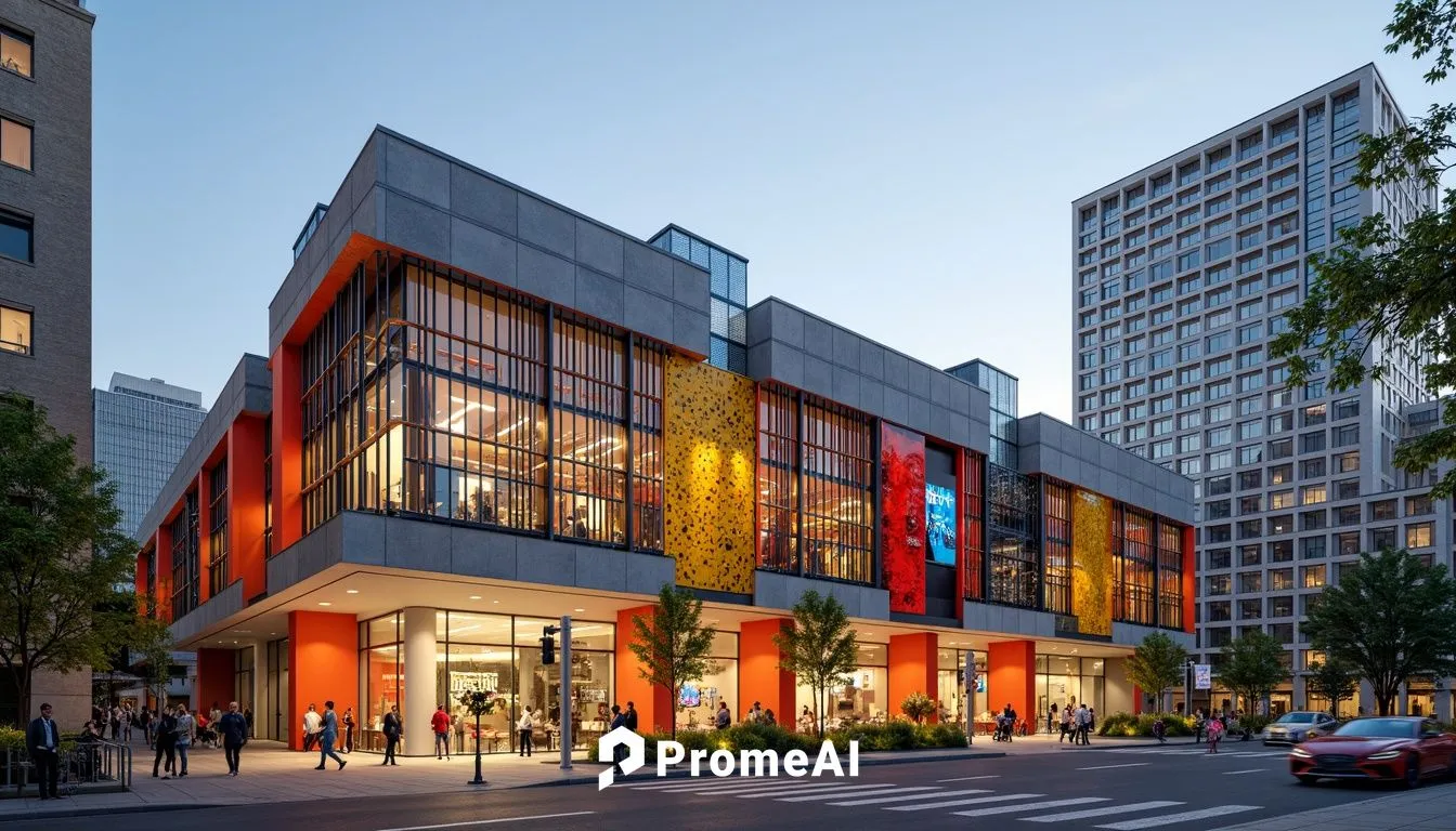 Vibrant community center, bold expressionist architecture, irregular shapes, dynamic curves, abstract patterns, bright color scheme, textured concrete walls, metal mesh panels, oversized windows, angu