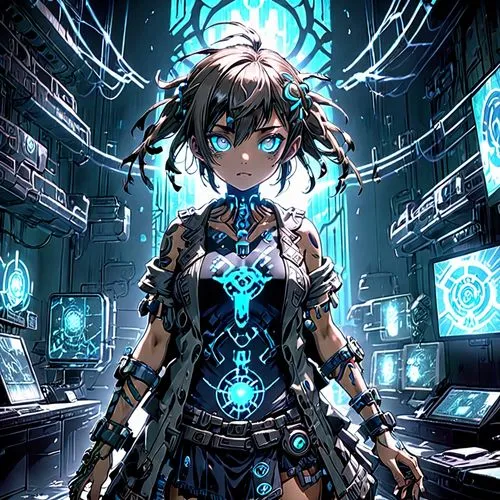 , stunningly beautiful (biopunk:2.0), ragged clothes, iridescent genetically engineered skin, bioluminescent tattoos in the form of (glowing runes blue), (the Black Clinic:1.1) in background, 8K resol