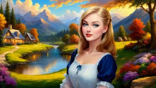 Romantic masterpiece oil painting, cute girl portrait, nostalgic 1950's style kitsch, breathtaking beautiful  landscape, majestic natural scenery, warm evening lighting, highly detailed, highres, absu