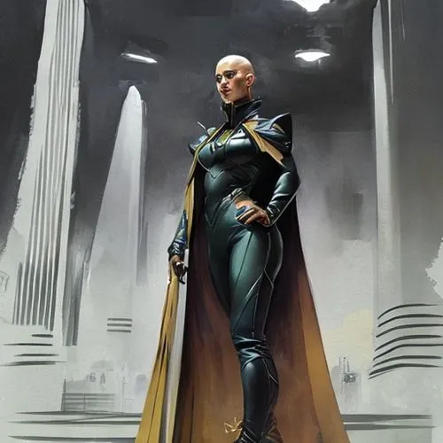 powerful slim bald female leader wearing dark futuristic uniform with trousers boots and long cape, painting by Frank Frazetta,jaya,tilda,imperial coat,goddess of justice,nebula guardian,samara,elsa,p