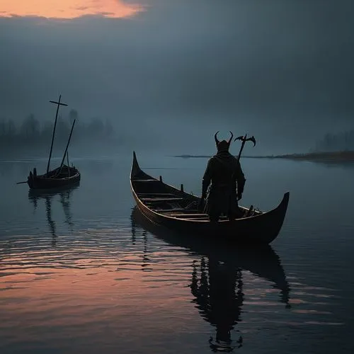 viking ship,fisherman,vikingskipet,boatman,ferryman,vikings,old wooden boat at sunrise,boat landscape,fishermen,boatmen,fantasy picture,viking,becalmed,kalevala,canoe,canoeist,asatru,siggeir,fishermens,neopagans,Photography,Documentary Photography,Documentary Photography 38