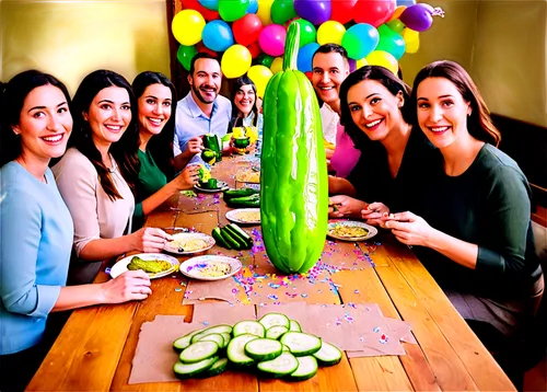 National Pickle Day, celebration, joyful atmosphere, colorful decorations, giant pickle balloons, pickle-shaped confetti, smiling faces, happy people holding pickles, yellow and green theme, rustic wo