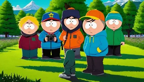 South Park character, creator, Cartman, Kyle, Stan, Kenny, Butters, male, adult, angry face, messy brown hair, blue hat, orange jacket, black pants, sneakers, holding a camera, standing, park, sunny d