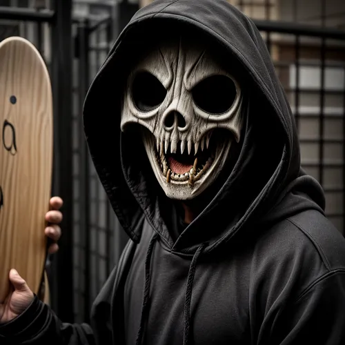 skateboard deck,skateboarding equipment,scull,skate board,skateboard,grimm reaper,wooden mask,skull mask,longboard,male mask killer,skateboarding,grim reaper,anonymous mask,sand board,skate,skateboard