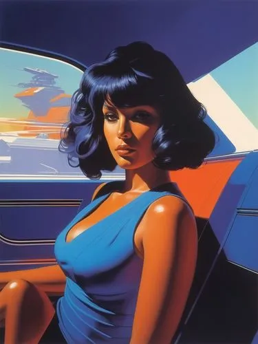 a woman in blue dress near car with sunset in background,deodato,hildebrandt,mcquarrie,rosenquist,marvelman,struzan,Conceptual Art,Sci-Fi,Sci-Fi 23