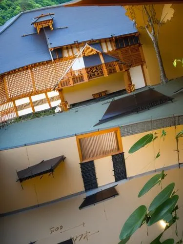 office building style, window Glass, Tree、road alphalt, shrine style, hight reflection, hight Glossiness, sun set, ,an asian house with a lot of windows,ryokan,ryokans,koyasan,kinkakuji,kumano kodo,ja