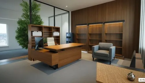 the office has wooden walls, shelves, and grey chairs,modern office,interior modern design,modern room,blur office background,3d rendering,modern living room,Photography,General,Realistic