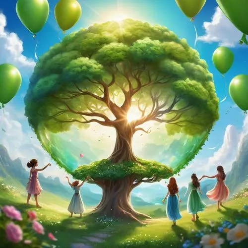 green balloons,tree of life,flourishing tree,wondertree,magic tree,arbor day,green tree,colorful tree of life,children's background,celtic tree,pacifier tree,fairies aloft,circle around tree,earth day,apple tree,mother earth,bodhi tree,shamrock balloon,fairy world,colorful balloons,Illustration,Realistic Fantasy,Realistic Fantasy 01