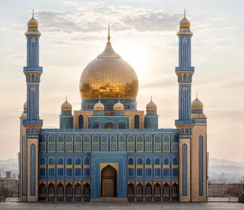 a view of a blue and yellow building with some very tall mina towers,al nahyan grand mosque,grand mosque,abu dhabi mosque,big mosque,sultan qaboos grand mosque,king abdullah i mosque,islamic architect