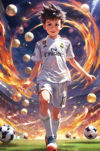 Niño once años real Madrid chute de pelota , aura de poder , Saiyan , soccer ,real madrid,soccer player,footballer,children's soccer,ronaldo,bale,soccer,uefa,cristiano,fire background,soccer kick,kid 