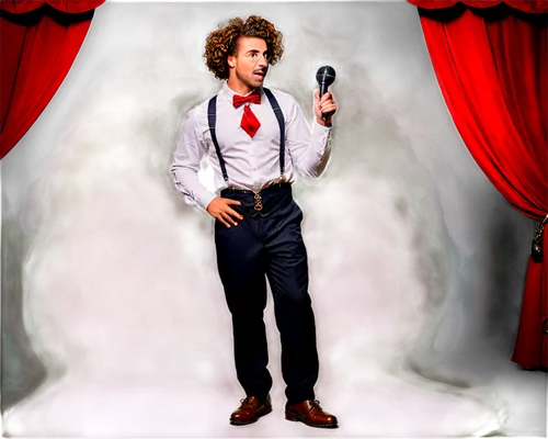 Comedic scene, colorful background, cartoon style, exaggerated expressions, bright eyes, curly hair, red nose, oversized shoes, baggy pants, white shirt, black tie, microphone in hand, standing on sta