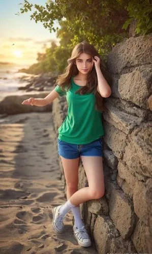 photography full body of a beautiful caucasian girl 23 years old, brown hair, blue eyes, wearing a blue t-shirt and a green shorts, brown shorts, stand up in the beach at sunset together to stone’s wa