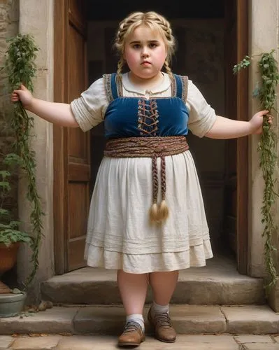 A beautiful young chubby plus-sized girl Rebel Wilson, goddess braided hairstyle, nice outfit，by Albert Goodwin,dirndl,gretel,pinafore,fraulein,gekas,dorthy,lederhosen,gretl,depardieu,little girl dres