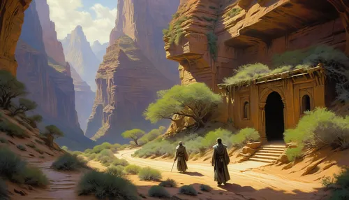 guards of the canyon,desert landscape,desert desert landscape,petra,canyon,yellow mountains,zion,ancient city,the desert,pilgrims,monks,sandstone wall,street canyon,desert,fantasy landscape,ait-ben-haddou,mountain settlement,stone desert,travelers,mountain scene,Illustration,Realistic Fantasy,Realistic Fantasy 03