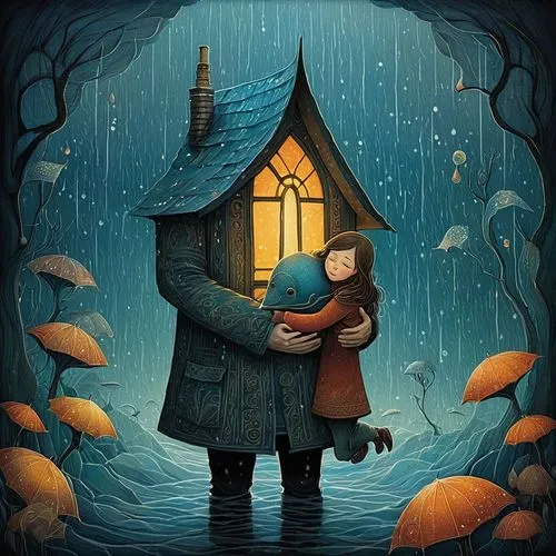 halloween illustration,refuge,walking in the rain,in the rain,kids illustration,rainy day,little boy and girl,a fairy tale,shelter,little house,fairy tale,children's fairy tale,autumn songs,warmth,warm heart,the autumn,winter house,fairy tale icons,romantic scene,autumn walk,Illustration,Abstract Fantasy,Abstract Fantasy 19