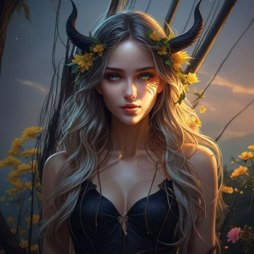 a woman with horns and flowers on her head,fantasy portrait,fantasy picture,kupala,faerie,fantasy art,elven flower,Conceptual Art,Fantasy,Fantasy 02