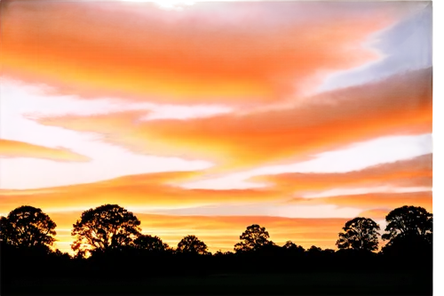 Sunset, vibrant orange sky, fluffy white clouds, horizon line, silhouette of trees or buildings, warm glow, soft focus, shallow depth of field, cinematic lighting, 3/4 composition, panoramic view, pea