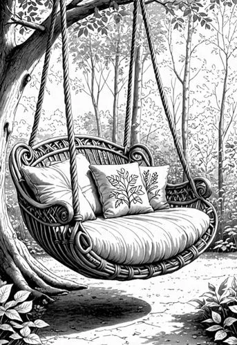 a drawing of a swing bed hanging from a tree,hammock,hammocks,charcoal nest,garden swing,daybed,tree with swing,Design Sketch,Design Sketch,Detailed Outline