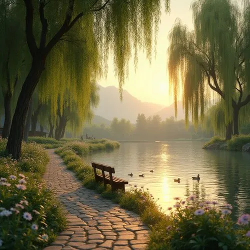 river landscape,weeping willow,landscape background,beautiful landscape,evening lake,tranquility,park bench,towpath,calmness,nature landscape,fantasy landscape,quietude,idyll,landscape nature,tranquillity,evening atmosphere,world digital painting,serenity,romantic scene,shaoming,Photography,General,Realistic