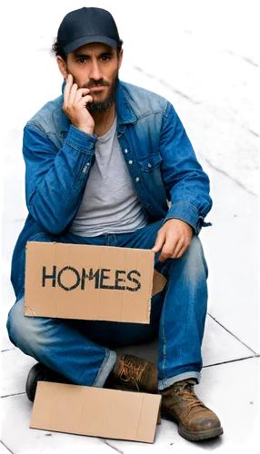 Homeless person, dirty clothes, worn-out shoes, rugged beard, sad eyes, holding a cardboard sign, sitting on sidewalk, urban background, natural lighting, cinematic composition, shallow depth of field