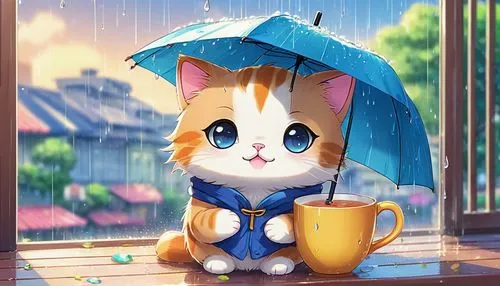 fox in the rain,rainy day,cat drinking tea,rainy,summer umbrella,tea party cat,umbrella,in the rain,rain cats and dogs,raindops,rain lily,cat's cafe,rainy season,calico cat,after the rain,rainy weather,rain,macchiato,cute cat,cappuccino,Illustration,Japanese style,Japanese Style 02