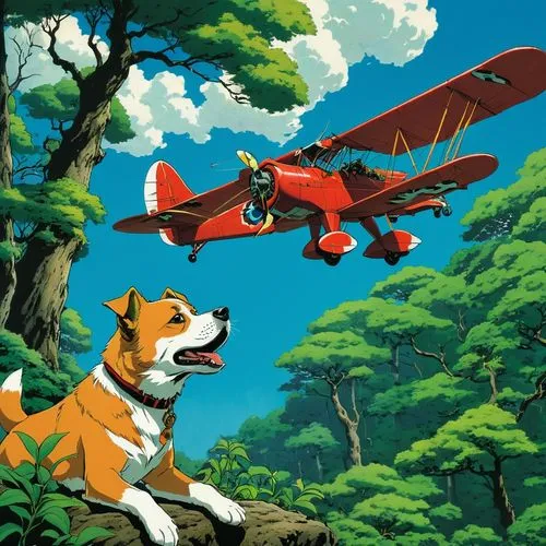 dog fight over a forest, 

Miyazaki  art style


the main focus is on a multi level bi plane,a dog is looking at an airplane flying by,flying dogs,dogfight,flying dog,talespin,biplane,tintin,Illustrat